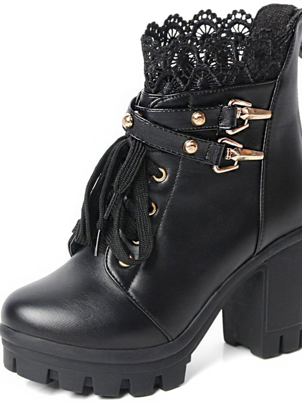 Women Platform Boots Black Chunky Heel Ankle Booties Lace Buckle Combat Boots